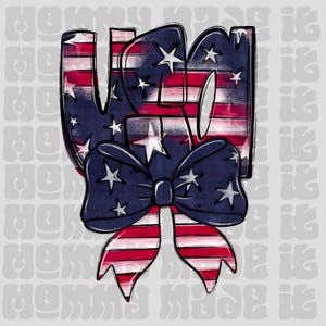 May include: USA in red, white, and blue with a blue bow with white stars. The letters are stylized and have a distressed look.