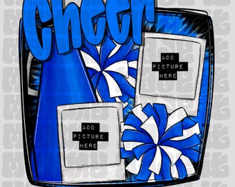 Plantilla de Canva con foto azul personalizable, diseño de espíritu escolar de porristas, PNG, sublimación, descarga digital