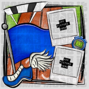 May include: A digital illustration of a running track with a blue flag, a winged shoe, a stopwatch, and two blank photo frames that say "Add Picture Here".