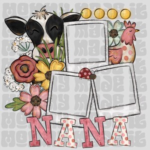 Könnte beinhalten: Ein rosa-weißes 'NANA'-Schild mit Punkten, einer Kuh, einem Huhn und Blumen. Um das Schild herum befinden sich vier leere Bilderrahmen.
