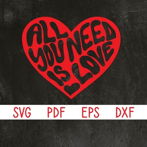 May include: Red heart-shaped graphic with the text "All you need is love" in black, stylized lettering. The graphic is on a black background.