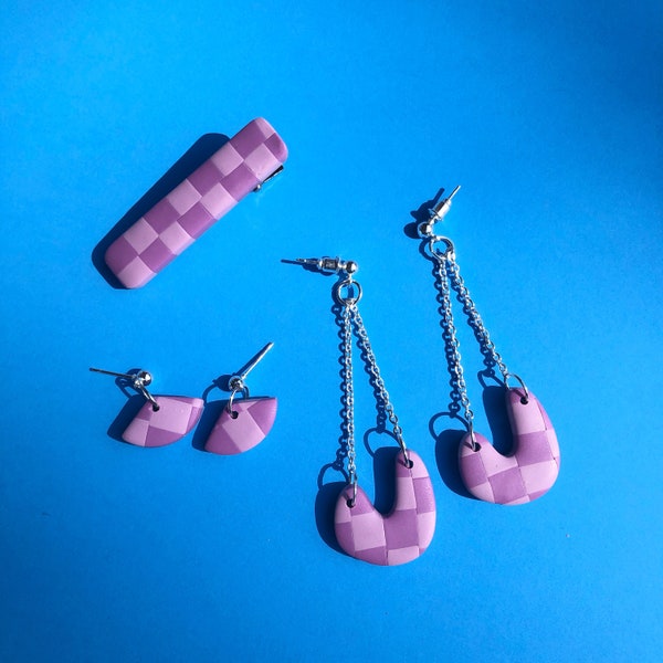 EARRINGS 'Grape Checkers' Polymer Clay Earrings and Hair Clips