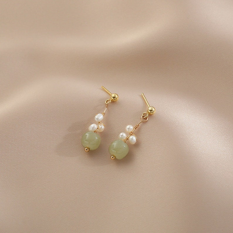 Natural Hetian Jade Pearl Beads Stud Earrings Green Jade - Etsy