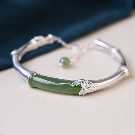 Natural Hetian Jade Bracelet 925 Sterling Silver Bamboo Cuff Etsy