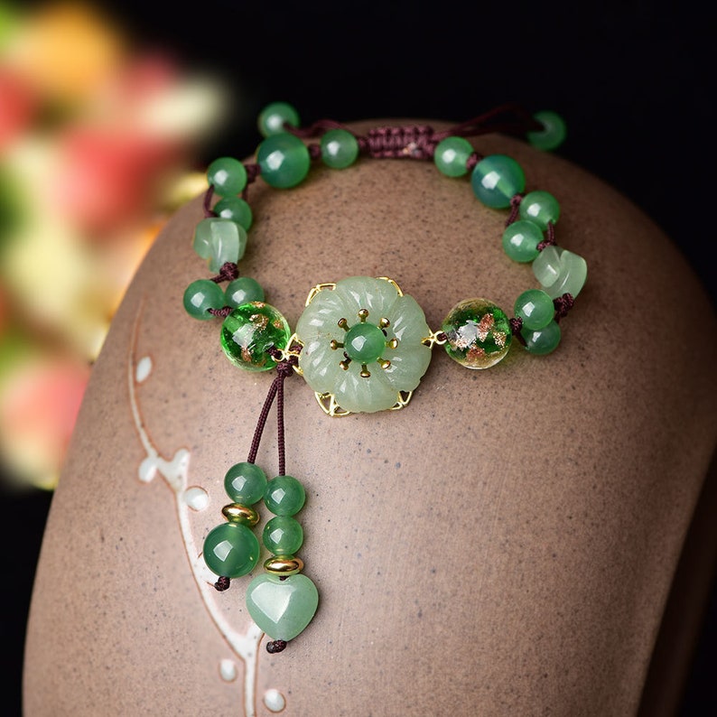 Dainty Natural Green Jade Beaded Bracelet, Boho Lucky Real Jade Aventurine Friendship Bracelet with Flower Charm, Gift for Her Bridesmaid 