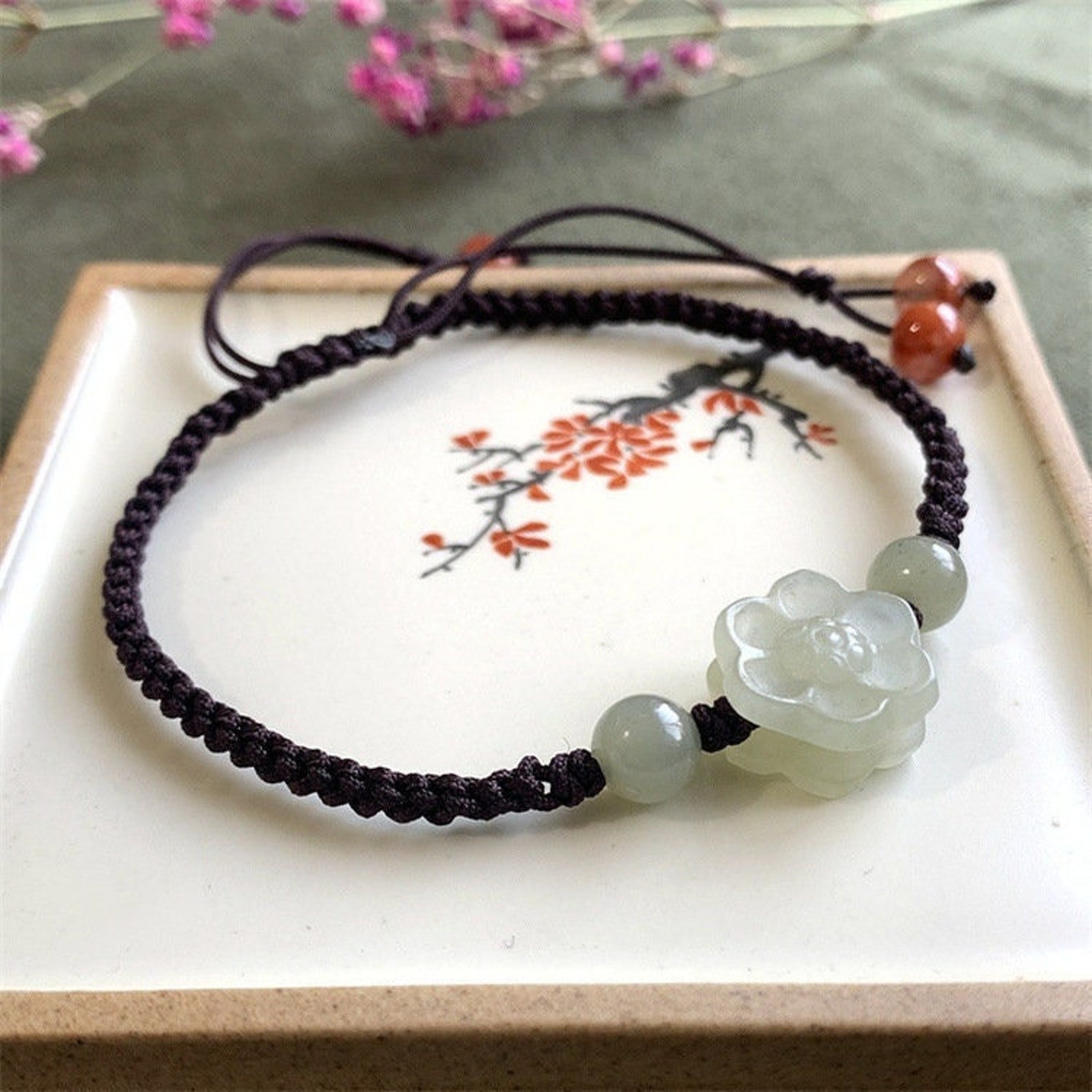 Jade Braided Bracelet With Pumpkin Charm Bracelet With Bead - Etsy