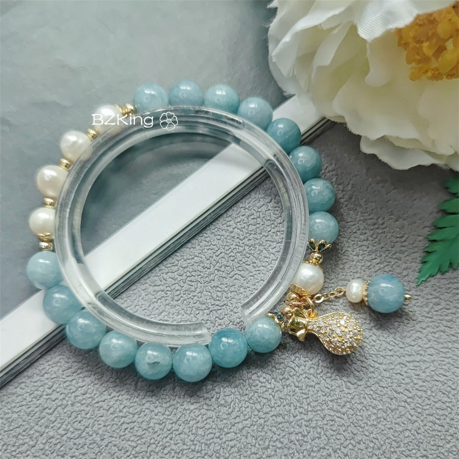 Womens Lucky Fortune Aquamarine Beaded Bracelet With Bag Charm Etsy