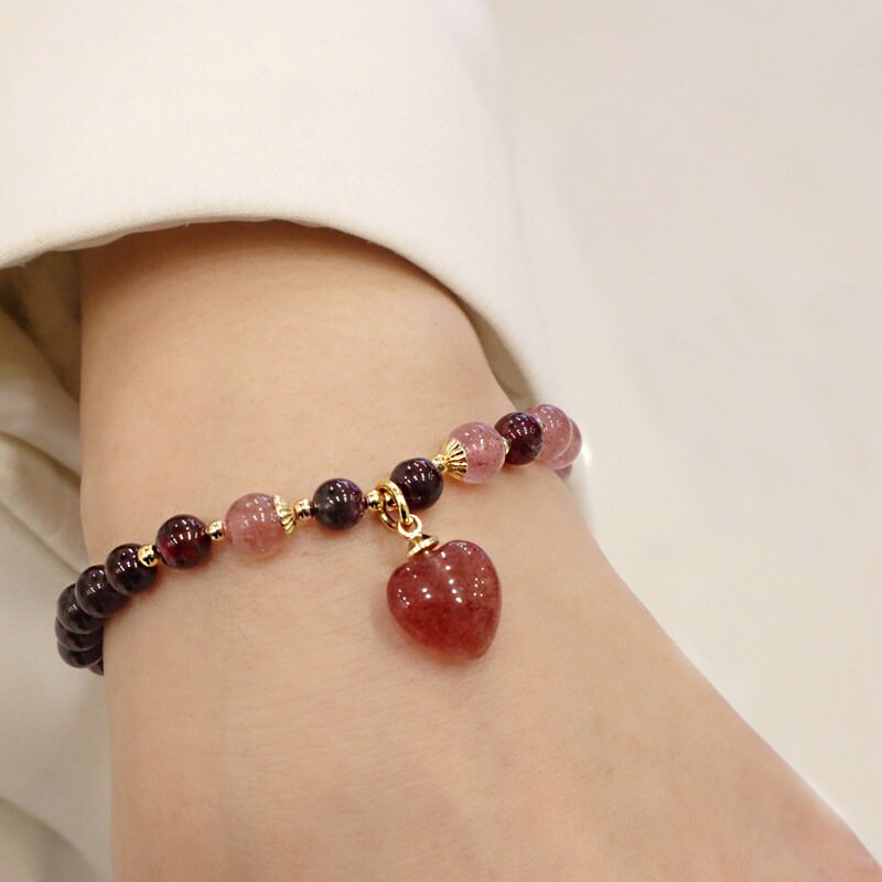 Natural Strawberry Crystal and Garnet Gemstone Beaded Bracelet - Etsy UK