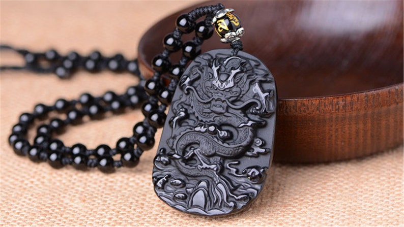 Black Obsidian Dragon Necklace for Men Hand Carved Stone Beads - Etsy