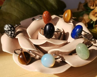 Adjustable Stainless Steel Gemstone Ring: Oval & Round Stone