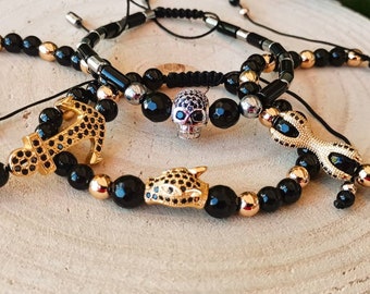 Black Onyx & Hematite Beaded Bracelet with Zirconia Charms