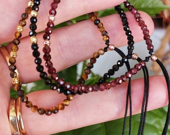 Tourmaline Garnet Tiger Eye Bracelet: 14k Gold Plated Silver Beads