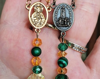 Hamsa Car Charm: Fatima, Virgin Mary, Malachite & Citrine Pendant