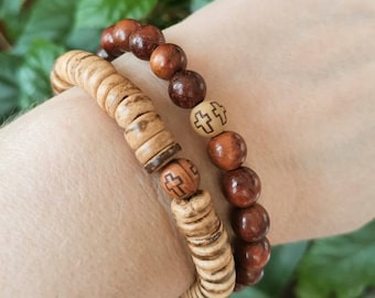 Coconut Wood Cross Bracelet: Christian Prayer Beads