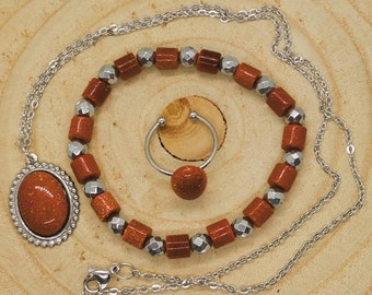 Goldstone Jewelry Set: Stainless Steel Necklace, Adjustable Ring, Hematite Bracelet