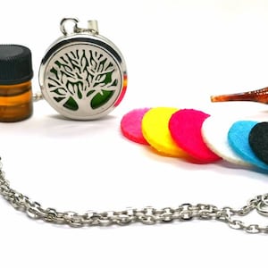 Può includere: Una collana d'argento con un ciondolo ad albero della vita, una piccola bottiglia di olio essenziale e cuscinetti di feltro colorati. Il ciondolo ha un inserto di vetro verde.