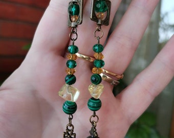 Malachite Citrine Cross Car Charm: Travel Protection Amulet