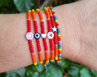 Rainbow Beaded Bracelet: Evil Eye, Heart, Smiley Face - Adjustable