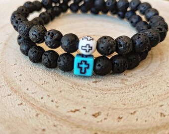Bracciale pietra lavica blu e cristalli turchese con cavalluccio ma