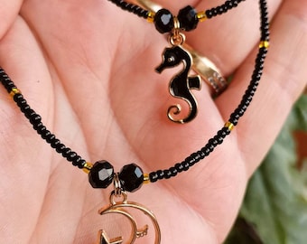 Black Beaded Choker: Miyuki Beads, Moon & Star Pendant