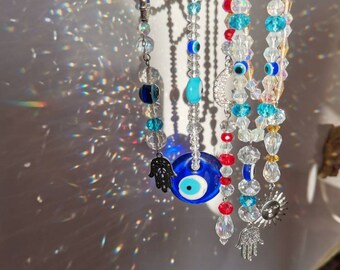 AB Crystal Car Suncatcher: Evil Eye Hamsa Hand Rear View Mirror Charm