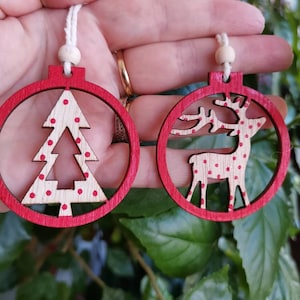 Decorazioni natalizie rustiche in legno: albero e renna, set da 2