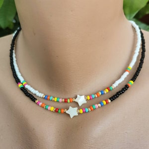 Seed Bead Choker &quot; Mother-of-Pearl Star Necklace/Choker* Tiny Star Choker *90&#39;s/Y2k Necklace * White Black Choker