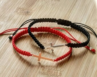 925 Silver Cross Bracelet Set: Braided Christian Couple Jewelry