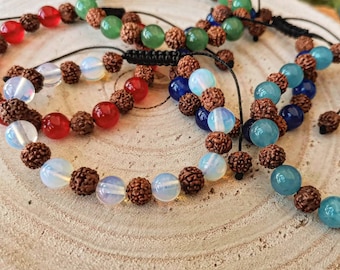 Rudraksha Seed Bracelet: Jade, Agate, Aquamarine & Opal Healing Crystals