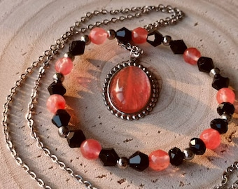 Cherry Quartz Necklace Bracelet Set: Stainless Steel Chain, Crystal Beads