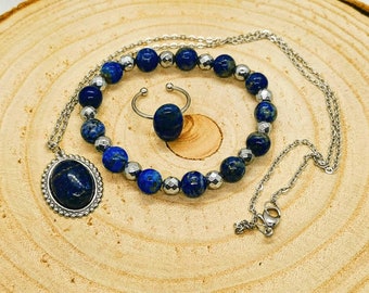 Lapis Lazuli Jewelry Set: Stainless Steel Necklace, Hematite Bracelet, Adjustable Ring