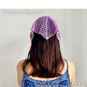 May include: A purple crochet head scarf with a white border. The scarf is worn by a person with long brown hair. The text "Simple Sunny Stitches" is visible in the bottom right corner of the image.