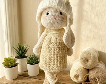 Crochet Bunny Pattern PDF- Amigurumi Rabbit with Clothes and Beanie, step-by -step Tutorial by SimpleSunnyStitches. Big Eared Bunny:Tory