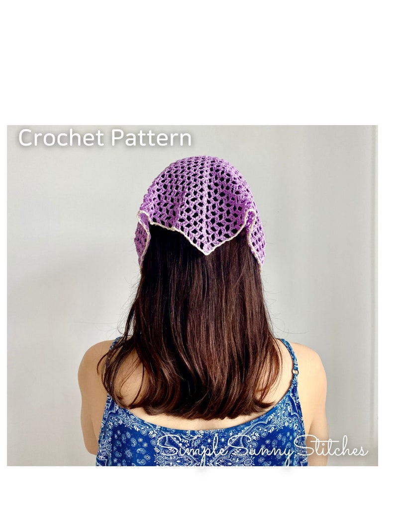 May include: A purple crochet head scarf with a white border. The scarf is worn by a person with long brown hair. The text "Simple Sunny Stitches" is visible in the bottom right corner of the image.