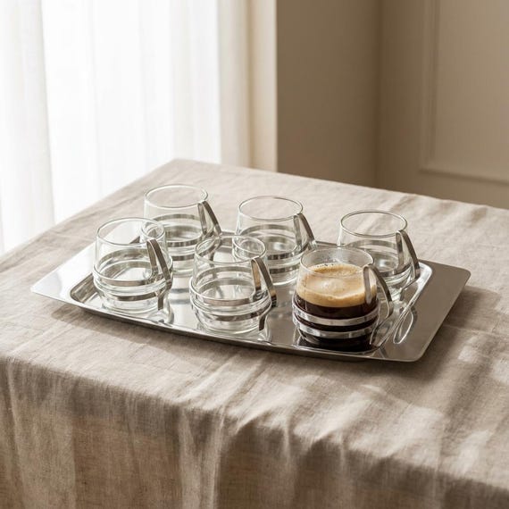 Mid Century Modern 7-Teiliges Kaffeetassen Set mit Tablett und Aluminium 1960er Jahre coffee steel cups Teetassen Ost Deutschland DDR