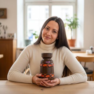 Może przedstawiać: Brązowy ceramiczny wazon z pomarańczowymi i czarnymi geometrycznymi wzorami. Wazon ma cylindryczny kształt z szerszą podstawą i węższą szyjką. Wazon jest trzymany przez osobę ubraną w kremowy golf.