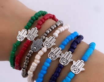 Handmade hamsa hand charm beaded bracelet elasticated wristband unisex gift