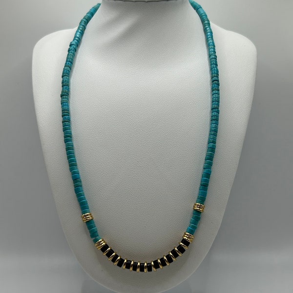 Handmade turquoise rondelle beads & black agate gemstones unique necklace