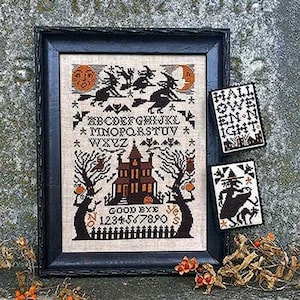 May include: A cross-stitch pattern featuring a spooky Halloween scene with a haunted house, witches flying on broomsticks, bats, and a graveyard. The pattern includes the alphabet, numbers, and the phrase "Good Bye" and "Yes".