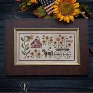 PLUM STREET SAMPLERS &quot;Sunflower House&quot; • Counted Cross Stitch Pattern • Summer, Carriage, Horse, Sunflowers, Red Barn, Paper Pattern