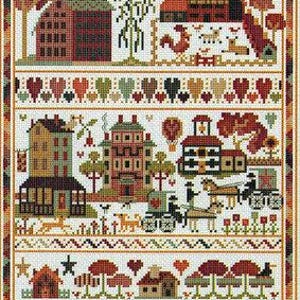 May include: A detailed cross-stitch sampler featuring various houses, trees, and decorative elements in shades of red, green, and brown. The design includes the year 2016 and initials. The overall theme is a rustic, autumnal scene.