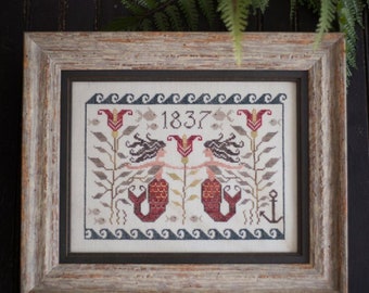 PLUM STREET SAMPLERS "Mermaid Fraktur" • Counted Cross Stitch Pattern • Ocean, Nautical, Sea, Mythical Creatures, Paper Pattern