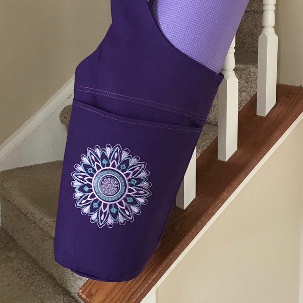 Sling Style Purple Yoga Bag with Custom Embroidered Mandala Design