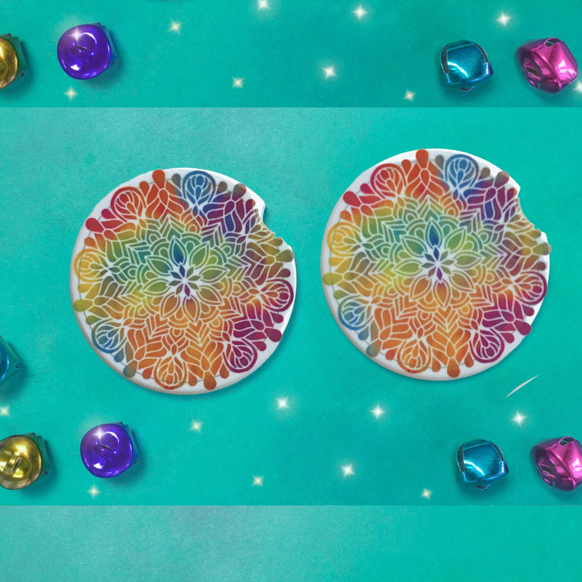 Ceramic Car Coasters With Mandala Designs and Cork Backing Etsy