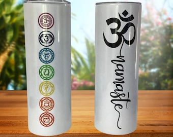 Namaste and 7 Chakras Shimmer Insulated Tumbler; Stainless Steel Yoga Tumbler; Namaste Yoga Tumbler; 20 oz Straight Skinny Tumbler