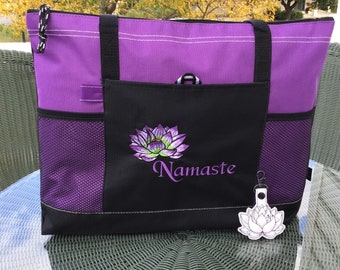 Lightweight Purple and Black Embroidered Namaste Yoga Bag with Lotus Flower Key Fob