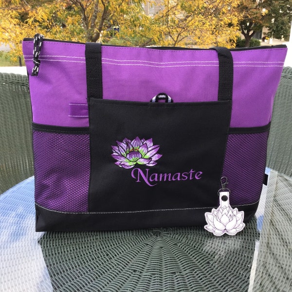 Lightweight Purple and Black Embroidered Namaste Yoga Bag with Lotus Flower Key Fob