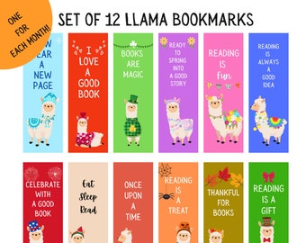 Set of 12 Monthly Llama Bookmarks with Fun Reading Quotes, Digital Download, Printable Bookmarks