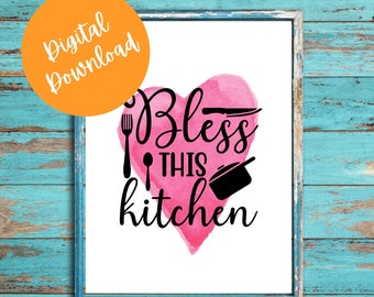8.5x11 Bless this Kitchen With Heart, Kitchen Printable, Digital Download, Kitchen Decor, Kitchen Sign, Instant print, Kitchen Humor