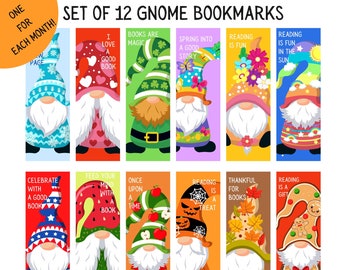Set of 12 Monthly Gnome Bookmarks with Fun Reading Quotes, Digital Download, Printable Bookmarks